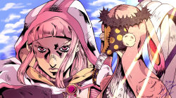 Rule 34 | 1girl, artist request, cape, doppel (madoka magica), giovanna (madoka magica), hood, jojo no kimyou na bouken, magia record: mahou shoujo madoka magica gaiden, mahou shoujo madoka magica, pink eyes, pink hair, source request, tamaki iroha, vento aureo