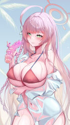 1girl absurdres ahoge annasui_factory bikini bikini_under_clothes blue_archive bow braid breasts cleavage covered_erect_nipples groin halo hanako_(blue_archive) hanako_(swimsuit)_(blue_archive) highres huge_breasts improvised_sex_toy long_hair long_sleeves looking_at_viewer navel off_shoulder official_alternate_costume oversized_clothes oversized_shirt pink_bikini pink_hair pink_halo see-through_clothes see-through_shirt shirt skindentation swimsuit wet wet_clothes wet_shirt white_bow