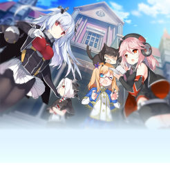 6+girls animal animal_on_head bell_mccamp_(warship_girls_r) belt bird bismarck_(warship_girls_r) black_gloves black_hair black_jacket black_legwear black_skirt blonde_hair blue_eyes blue_sky blunt_bangs breasts building buttons cape capelet cat cat_on_head chibi closed_mouth cloud cowboy_shot crossed_arms day detached_sleeves eagle essex_(warship_girls_r) eyes_visible_through_hair fang flower framed_breasts from_below glasses gloves hair_between_eyes hair_flower hair_ornament headphones highres holding holding_paper hood_(warship_girls_r) jacket long_hair long_sleeves looking_at_viewer looking_to_the_side multiple_girls necktie on_head one_eye_closed open_mouth outdoors pantyhose paper pencil_skirt pink_hair pleated_skirt quincy_(warship_girls_r) red-framed_eyewear red_eyes saru shirt short_hair skirt sky sleeveless smokestack striped_necktie striped_neckwear suspenders thighhighs tirpitz_(warship_girls_r) twintails vittorio_veneto_(warship_girls_r) warship_girls_r wavy_mouth white_gloves white_hair white_shirt white_skirt window