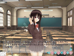 Rule 34 | 1girl, black hair, classroom, desk, female focus, hisahara shizuku, hosi-gaki, long hair, original, red eyes, school, school desk, school uniform, shitou (4h), solo, standing, translation request, zenra toukou school