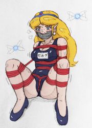 1girl 2others bdsm bikini blonde_hair blue_eyes bondage bound breasts cleavage elf embarrassed fairy full_body highres legs long_hair multiple_others navi nintendo pointy_ears princess_zelda snidely solo_focus spread_legs struggling swimsuit tagme the_legend_of_zelda the_legend_of_zelda_(cartoon) tiara