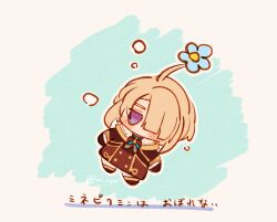 Rule 34 | 1boy, blonde hair, blue background, blush, chibi, freckles, freminet (genshin impact), full body, genshin impact, hair over one eye, highres, male focus, nintendo, pikmin (creature), pikmin (series), purple eyes, short hair, simple background, solo, translation request, ui uyo, white background