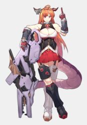 biceps bow cosplay diagonal-striped_bow dragon_girl dragon_horns dragon_tail gravity_gun highres horn_bow horn_ornament horns kiryu_coco muscular muscular_female orange_hair overwatch sushiartstudio tail virtual_youtuber zarya_(overwatch)