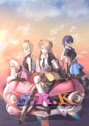 3girls arm_support armpit_crease asymmetrical_legwear black_boots black_jacket black_skirt black_thighhighs blue_eyes boots braid breasts car caricariume collarbone collared_shirt commentary_request double_bun dress_shirt full_body gradient_sky hair_bun hair_ornament hand_on_car highres hinoshita_kaho i_do_me!_(love_live!) jacket knee_up lace-up_boots leaning_against_vehicle leg_warmers legwear_garter link!_like!_love_live! long_hair love_live! medium_breasts medium_hair miniskirt mismatched_legwear motor_vehicle multiple_girls murano_sayaka official_alternate_costume on_car open_clothes open_jacket orange_hair orange_sky osawa_rurino parted_lips pleated_skirt profile purple_hair shirt short-sleeved_jacket short_sleeves side_braid single_braid single_leg_warmer single_sleeve sitting skirt sky thighhighs virtual_youtuber white_leg_warmers white_shirt x_hair_ornament
