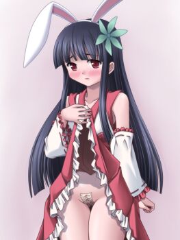 Rule 34 | 1girl, animal ear hairband, animal ears, black hair, blush, clothes lift, detached sleeves, emil chronicle online, fake animal ears, frilled skirt, frilled sleeves, frills, hair ornament, hairband, japanese clothes, lifting own clothes, long hair, maebari, miko, ofuda, rabbit ear hairband, rabbit ears, raised inner eyebrows, shugoma mutsuki, skirt, takanashi tsukasa