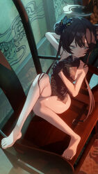1girl absurdres arm_behind_head bare_shoulders barefoot black_dress black_gloves black_hair blue_archive butterfly_hair_ornament china_dress chinese_clothes closed_mouth commentary_request double_bun dragon_print dress feet from_above gloves grey_eyes grey_halo hair_bun hair_ornament halo highres kisaki_(blue_archive) knee_up legs long_hair pelvic_curtain print_dress sitting sleeveless sleeveless_dress solo thighs twintails yuyiosang
