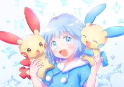 1boy :d androgynous blue_eyes blue_hair gen_3_pokemon highres hood hood_down hooded_jacket jacket minun nintendo on_shoulder open_mouth plusle pokemon pokemon:_destiny_deoxys pokemon_(anime) pokemon_(creature) pokemon_on_shoulder pokemon_rse_(anime) short_hair short_sleeves smile tory_lund white_background yuki56