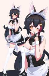 absurdres animal_ear_fluff animal_ears apron black_gloves black_hair blush breast_cutout cleavage_cutout clothing_cutout commentary facing_viewer finger_to_own_chin gloves hair_ornament high_heels highres hololive looking_at_viewer maid maid_apron maid_headdress one_eye_closed ookami_mio raised_eyebrows shatiku_72 simple_background sleeveless tail_around_own_leg thighhighs tongue tongue_out virtual_youtuber white_thighhighs wolf_ears wolf_girl wrist_cuffs yellow_eyes
