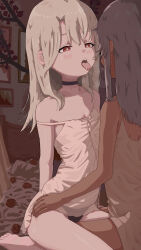 2girls absurdres after_kiss babydoll bare_legs bare_shoulders barefoot bed black_choker black_panties blonde_hair chloe_von_einzbern choker collarbone dark-skinned_female dark_skin eyebrows eyelashes fate/kaleid_liner_prisma_illya fate_(series) female_focus flat_chest from_behind grey_hair half-closed_eyes highres illyasviel_von_einzbern indoors interracial jordan_reine kodomo_doushi long_hair looking_at_another multiple_girls on_bed open_mouth orange_eyes panties prisma_illya saliva saliva_trail seiza sitting strap_slip teeth toes tongue tongue_out underwear upper_teeth_only wavy_eyes white_babydoll yuri