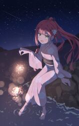 1girl :d alternate_hairstyle aqua_eyes arm_at_side barefoot blunt_bangs cherry_blossom_print commentary_request fang fireworks floating_hair floral_print floral_print_kimono flower full_body hair_behind_ear hair_flower hair_ornament hairclip hand_up happy highres holding holding_fireworks japanese_clothes kamiyama_shiki kimono knees_together_feet_apart light_blush long_hair long_sleeves night night_sky ocean open_mouth outdoors ponytail print_kimono red_hair ringed_eyes ripples rock shooting_star sitting skin_fang sky smile soaking_feet solo sparkler summer_pockets underlighting very_long_hair water white_flower wide_sleeves yumojtm