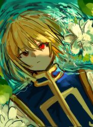 1boy androgynous blonde_hair blue_tabard brown_eyes closed_mouth heterochromia highres hunter_x_hunter kurapika looking_at_viewer lying male_focus on_back outdoors red_eyes shirt short_hair solo tabard upper_body water white_shirt yeon_hj1