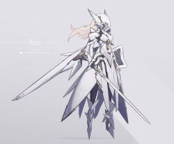 1girl absurdres armor armored_dress blonde_hair breastplate breasts character_name dress english_text floating full_body grey_background helmet high_heels highres holding holding_shield holding_sword holding_weapon long_hair mecha_musume mechanical_wings original shield shoulder_armor simple_background solo sword weapon wings xyufsky