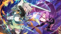 Rule 34 | 2girls, aqua hair, aqua skirt, aqua thighhighs, black hairband, breasts, cleavage, cropped jacket, crossover, fate/stay night, fate/unlimited blade works, fate (series), firefly (honkai: star rail), floating hair, gradient hair, grey hair, guest art, hair ornament, hairband, holding, holding sword, holding weapon, honkai: star rail, honkai (series), large breasts, long hair, long sleeves, looking at another, medusa (fate), medusa (rider) (fate), mishima kurone, multicolored hair, multiple girls, open mouth, purple hair, red eyes, shirt, skirt, sword, thighhighs, very long hair, weapon, white shirt