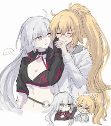 Rule 34 | ..., 2girls, ahoge, anger vein, bikini, black bikini, blonde hair, blush, breasts, cheek pinching, chibi, cleavage, closed eyes, commentary, dual persona, fate/grand order, fate (series), flame print, glasses, grin, hand on another&#039;s cheek, hand on another&#039;s face, highres, jacket, jeanne d&#039;arc (fate), jeanne d&#039;arc (swimsuit archer) (fate), jeanne d&#039;arc (swimsuit archer) (second ascension) (fate), jeanne d&#039;arc alter (fate), jeanne d&#039;arc alter (swimsuit berserker) (fate), long hair, looking at another, medium breasts, multiple girls, nekwnek, one-piece swimsuit, open mouth, pinching, ponytail, simple background, smile, speech bubble, swimsuit, white background, white hair, white jacket, white one-piece swimsuit, yellow eyes