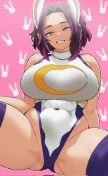 1girl abs animal_ears bare_shoulders boku_no_hero_academia breasts cosplay cracked_skin crescent_print evoltodraw fur_collar heattech_leotard highleg highleg_leotard highres lady_nagant large_breasts leotard looking_at_viewer mirko mirko_(cosplay) multicolored_hair muscular muscular_female partially_visible_vulva pink_hair purple_eyes purple_hair rabbit_ears short_hair sleeveless sleeveless_turtleneck_leotard smile thick_thighs thighhighs thighs turtleneck two-tone_hair white_leotard