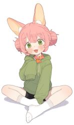 Rule 34 | 1girl, :d, animal collar, animal ear fluff, animal ears, ankle socks, bike shorts, black shorts, blush, borrowed character, collar, commentary request, double bun, drawstring, fang, full body, green eyes, green hoodie, hair bun, hand up, highres, hood, hood down, hoodie, indian style, long sleeves, looking ahead, lupus (nakajima lupus), no shoes, open mouth, original, pink hair, possummachine, rabbit ears, rabbit girl, red collar, shadow, short hair, shorts, simple background, sitting, sleeves past fingers, sleeves past wrists, smile, socks, solo, white background, white socks
