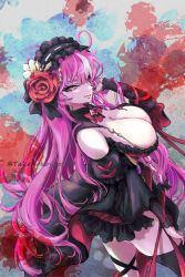 1girl ahoge ankle_strap black_dress black_hairband black_panties black_shoes black_sleeves bow bowtie braid breasts brooch brown_thighhighs cleavage coffin commentary cup dress falling_petals fang flower frilled_dress frilled_hairband frills full_body guardian_tales hairband hands_up highres holding holding_cup jewelry large_breasts leg_ribbon long_hair looking_at_viewer multicolored_dress multicolored_hair nail_polish navel no_bra no_pants panties petals pink_eyes pink_hair purple_flower purple_nails purple_rose red_bow red_bowtie red_dress red_flower red_ribbon red_rose revealing_clothes ribbon ribbon-trimmed_sleeves ribbon_trim rose shoes showgirl_skirt simple_background single_thighhigh skin_fang solo standing streaked_hair takenokojro thigh_ribbon thigh_strap thighhighs tongue tongue_out transparent_background two-sided_dress two-sided_fabric two-sided_sleeves two-tone_hair underwear vampire_girl_karina waist_cape white_flower white_hair