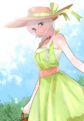 1girl 6v9hix armpits bare_shoulders braid dress green_dress green_eyes hat mabinogi outdoors pihne sleeveless twin_braids white_hair