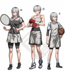 Rule 34 | ball, basketball (object), bowl cut, boxing, collarbone, grey hair, grey sports bra, highres, muscular, muscular female, original, racket, red eyes, rggr, sports bra, tennis racket