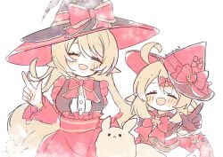 2girls ahoge alice_(genshin_impact) black_gloves blonde_hair blush bow bowtie closed_eyes commentary_request dodoco_(genshin_impact) dress genshin_impact gloves hair_between_eyes hair_bow hand_up hat hat_bow highres klee_(blossoming_starlight)_(genshin_impact) klee_(genshin_impact) long_sleeves mochida multiple_girls pointy_ears red_bow red_bowtie red_dress red_hat sidelocks simple_background twitter_username white_background witch_hat