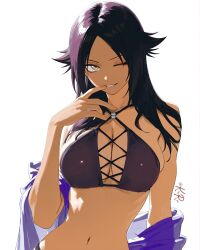 1girl ai-assisted ai-generated artist_name bikini bleach bleach:_brave_souls breasts cleavage dark-skinned_female dark_skin highres large_breasts looking_at_viewer navel one_eye_closed purple_bikini seductive_gaze seductive_smile shihouin_yoruichi smile solo swimsuit yellow_eyes