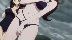 2girls animated bikini black_hair brown_hair cloud cloudy_sky covering_breasts covering_privates hair_ribbon hand_on_own_chest kono_subarashii_sekai_ni_shukufuku_wo! multiple_girls navel one-piece_swimsuit ribbon sky swimsuit video wiz_(konosuba) yunyun_(konosuba)