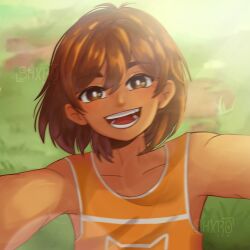 1boy artist_name blurry bright_pupils brown_eyes brown_hair collarbone dark-skinned_male dark_skin grass highres kel_(faraway)_(omori) kel_(omori) looking_at_viewer omori scene_reference selfie short_hair shxro524 solo teeth tongue watermark white_pupils