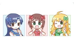 3girls :d ;d absurdres ahoge amami_haruka blonde_hair blue_bow blue_hair bow brown_eyes brown_hair check_my_note_(idolmaster) chiwawa174 choker closed_mouth deformed green_bow green_eyes hair_bow hand_up hands_up heart heart_necklace highres hoshimachi_suisei idolmaster idolmaster_(classic) idolmaster_one_for_all jewelry kisaragi_chihaya long_hair looking_at_viewer multiple_girls necklace one_eye_closed open_mouth red_bow short_hair simple_background smile w white_background wrist_cuffs