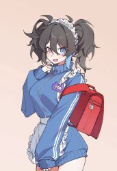 1girl alternate_costume apron backpack bag birthday black_hair blue_eyes blue_hair blue_jacket breasts bright_pupils clothes_grab commentary_request cowboy_shot fang frilled_hairband frills hair_between_eyes hairband hand_up headphones heart heterochromia jacket jacket_grab jersey_maid korean_commentary large_breasts long_sleeves maid maid_headdress medium_hair multicolored_hair open_mouth red_bag red_eyes sempon_(doppio_note) sleeves_past_wrists solo streaked_hair track_jacket twintails two-tone_hair unconventional_maid utau waist_apron white_apron white_hairband white_pupils yokune_ruko