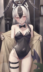 1girl absurdres alternate_costume animal_ear_hairband animal_ears black_hair black_horns black_leotard blue_archive bow bowtie breasts coat commentary_request covered_navel cowboy_shot demon_horns demon_wings detached_collar earclip fake_animal_ears gluteal_fold grey_halo hairband halo highleg highleg_leotard highres horns huran_tea kayoko_(blue_archive) leotard long_hair looking_at_viewer multicolored_hair nail_polish open_clothes open_coat pantyhose playboy_bunny rabbit_ear_hairband rabbit_ears revision single_wing solo strapless strapless_leotard thigh_gap two-tone_hair white_hair wings