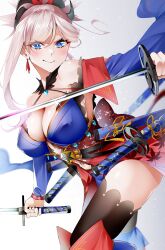 1girl absurdres bare_shoulders black_thighhighs blue_eyes blue_kimono blush breasts cleavage earrings fate/grand_order fate_(series) hair_ornament highres japanese_clothes jewelry katana kimono large_breasts len_(hand_linke) long_hair long_sleeves looking_at_viewer magatama miyamoto_musashi_(fate) miyamoto_musashi_(third_ascension)_(fate) off_shoulder pink_hair ponytail smile solo swept_bangs sword thighhighs weapon wide_sleeves