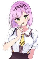 1girl :d adversarial_noise arm_behind_back black_hairband blunt_ends blush bob_cut breast_press breasts brown_skirt collared_shirt commentary fang green_eyes hair_between_eyes hairband hand_up head_tilt high-waist_skirt index_finger_raised large_breasts looking_at_viewer medium_hair mizuka_academy_school_uniform necktie okaeru open_mouth pink_hair school_uniform shirt short_necktie short_sleeves simple_background skirt smile smug solo straight_hair suspender_skirt suspenders tanikaze_amane teeth tenshi_souzou_re-boot! upper_body white_background white_shirt yellow_necktie