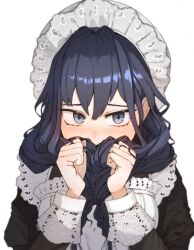 1girl absurdres apron black_dress black_hair blue_eyes dress grabbing_own_hair hair_intakes hat highres hololive hololive_english iver_(reviolet) looking_at_viewer maid_apron mob_cap official_alternate_costume official_alternate_hairstyle ouro_kronii ouro_kronii_(maid) simple_background solo virtual_youtuber white_apron white_background