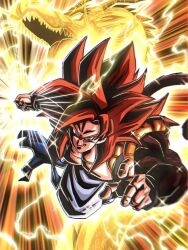 Rule 34 | 1boy, aura, blue eyes, brown fur, dragon ball, dragon ball gt, dragon fist, dragon fist (dragon ball), flying, gogeta, happy, lightning, muscular, muscular male, red hair, smile, smug, solo, sparkle, sparkling aura, super saiyan, super saiyan 4, tail