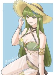 1girl armlet bikini blue_background breasts cleavage criss-cross_halter fire_emblem fire_emblem_echoes:_shadows_of_valentia fire_emblem_heroes flower green_bikini green_eyes green_hair hair_flower hair_ornament halterneck hat highres jewelry large_breasts long_hair navel nintendo official_alternate_costume open_mouth palla_(fire_emblem) palla_(summer)_(fire_emblem) sarong see-through_clothes see-through_sarong simple_background smile solo straw_hat sun_hat swimsuit tea6043 thighlet thighs