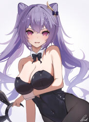 absurdres animal_ear_hairband animal_ears arm_under_breasts bare_shoulders black_bow black_bowtie black_leotard black_pantyhose blush bow bowtie breasts cleavage collar collarbone commentary cone_hair_bun covered_navel detached_collar diamond-shaped_pupils diamond_(shape) double_bun fake_animal_ears genshin_impact hair_between_eyes hair_bun hairband highleg highleg_leotard highres holding_hairband keqing_(genshin_impact) large_breasts leotard long_hair looking_at_viewer pantyhose peanut_mouth pisuke_(user_kcmh2774) playboy_bunny purple_eyes purple_hair rabbit_ears signature strapless strapless_leotard symbol-shaped_pupils twintails unworn_hairband very_long_hair white_background white_collar white_wrist_cuffs wrist_cuffs