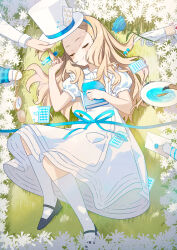 1girl ace_(playing_card) ace_of_hearts alice&#039;s_adventures_in_wonderland alice_(alice_in_wonderland) apron black_shoes blonde_hair blue_dress blue_flower blue_hairband blue_ribbon blue_rose blush book card chain closed_eyes closed_mouth collared_dress dress envelope feathers field flower flower_field full_body gold_chain hair_over_shoulder hair_spread_out hairband hand_up hat heart highres holding holding_book holding_envelope holding_flower holding_plate holding_stopwatch holding_unworn_clothes holding_unworn_hat kneehighs long_hair long_sleeves lying mary_janes medium_dress mushroom on_back on_grass out_of_frame plate playing_card puffy_short_sleeves puffy_sleeves ribbon rose shoes short_sleeves sidelocks sleeping smile socks solo_focus stopwatch top_hat unworn_hat unworn_headwear vial wakuseiy watch water white_apron white_flower white_hat white_socks