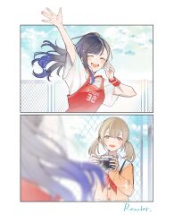 Rule 34 | 2girls, absurdres, arm up, azusawa kohane, blush, brown cardigan, brown eyes, brown hair, camera, cardigan, chinese commentary, closed eyes, commentary request, fence, glint, highres, holding, holding camera, jingzhaowhale, low twintails, medium hair, miyamasuzaka girls&#039; academy school uniform, multiple girls, neckerchief, open mouth, ponytail, project sekai, red neckerchief, sailor collar, school uniform, shiraishi an, shirt, short hair, sidelocks, smile, teeth, twintails, white sailor collar, white shirt