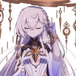 1girl asymmetrical_bangs bare_shoulders braid breasts closed_eyes genshin_impact gold hair_between_eyes halo istaroth_(genshin_impact) long_hair oysi_0831 pale_skin side_braid simple_background small_breasts smile solo very_long_hair white_background white_hair