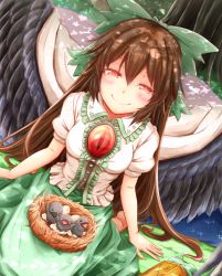 1girl animal arm_cannon bird bird_nest black_wings bow breasts brown_hair cape closed_mouth commentary_request dappled_sunlight dutch_angle feathered_wings female_focus fingernails green_bow green_skirt hair_between_eyes hair_bow half-closed_eyes in_nest long_hair looking_at_viewer medium_breasts nest outdoors puffy_short_sleeves puffy_sleeves red_eyes reiuji_utsuho shirt short_sleeves sitting skirt smile solo star_(symbol) sunlight tamasan third_eye touhou tree weapon white_shirt wing_collar wings