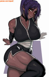 1girl bare_shoulders black_bow black_bowtie black_kimono black_sleeves black_thighhighs bleach blush bow bowtie breasts commentary dark-skinned_female dark_skin detached_sleeves english_commentary highres japanese_clothes kimono large_breasts long_hair looking_at_viewer parted_bangs parted_lips patreon_username ponytail purple_hair sash shihouin_yoruichi sitting sleeveless sleeveless_kimono smile solo stopu thick_thighs thighhighs thighs toned toned_female white_sash yellow_eyes