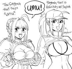 Rule 34 | 2girls, absurdres, ahoge, artoria pendragon (fate), baseball cap, bb (baalbuddy), breasts, cleavage, clenched hands, covered navel, english text, fate/grand order, fate (series), female focus, hair bun, hat, highres, large breasts, looking at viewer, medium breasts, multiple girls, mysterious heroine x (fate), navel, nero claudius (fate), open mouth, single hair bun, smile, teeth, umu (phrase), upper teeth only