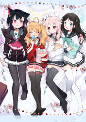 Rule 34 | 4girls, ^ ^, absurdres, after-school sweets club (blue archive), ahoge, airi (blue archive), animal ears, asymmetrical hair, bag, bed sheet, black collar, black hair, black jacket, black pantyhose, black sailor collar, black thighhighs, blonde hair, blue archive, blue sailor collar, blush, bow, bowtie, box, bright pupils, brown hair, candy, candy wrapper, cardigan, cat ears, closed eyes, closed mouth, collar, colored inner hair, commentary request, cookie, eating, food, food-themed hair ornament, food on face, frilled skirt, frills, from above, full body, green bow, green bowtie, green eyes, green sailor collar, hair flaps, hair ornament, hair ribbon, hairclip, halo, hands in pockets, happy, heart, highres, holding, holding bag, holding food, hood, hooded jacket, hugging object, ice cream hair ornament, jacket, kazusa (blue archive), light blush, long hair, long sleeves, looking at another, lying, macaron, mari (rodoney-kiara), miniskirt, multicolored eyes, multicolored hair, multiple girls, natsu (blue archive), neckerchief, no shoes, on back, open mouth, pantyhose, parted bangs, pink eyes, pink hair, pink halo, pink neckerchief, pink skirt, plaid clothes, plaid skirt, pleated skirt, purple eyes, red eyes, red jacket, red neckerchief, ribbon, sailor collar, school uniform, serafuku, short hair, side ponytail, skindentation, skirt, sleeves past wrists, star (symbol), thighhighs, tongue, tongue out, track jacket, triangle mouth, twintails, white cardigan, white pupils, white ribbon, white serafuku, white skirt, white thighhighs, yoshimi (blue archive), zettai ryouiki