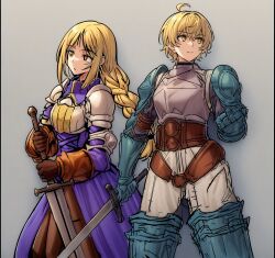 Rule 34 | 1boy, 1girl, absurdres, agrias oaks, ahoge, armor, blonde hair, blue coat, blue collar, braid, breastplate, brown gloves, brown pants, chausses, clenched hand, closed mouth, coat, collar, commentary request, cropped legs, expressionless, final fantasy, final fantasy tactics, gauntlets, girdle, gloves, greatsword, green armor, grey background, grey pants, highres, holding, holding sword, holding weapon, looking to the side, maruyu, pants, ramza beoulve, shoulder armor, standing, sword, weapon, yellow eyes, yellow trim