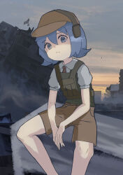 1boy baseball_cap blue_eyes blue_hair brown_hat brown_shorts bulletproof_vest chinese_commentary cirno cirno_(cookie) closed_mouth collared_shirt commentary_request cookie_(touhou) feet_out_of_frame green_vest grey_shirt hat headset highres looking_at_viewer male_focus mukenkairou outdoors ruins shaded_face shirt short_hair shorts sitting solo touhou vest