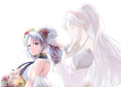 2girls bare_shoulders bouquet breasts dress earrings fire_emblem fire_emblem:_genealogy_of_the_holy_war fire_emblem_heroes flower grey_hair hair_flower hair_ornament highres holding holding_bouquet ikuratoro225784 jewelry large_breasts looking_back mother_and_daughter multiple_girls nintendo tailtiu_(fire_emblem) tine_(determined_bride)_(fire_emblem) tine_(fire_emblem) wedding_dress white_dress