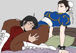 1boy 1girl bed bedroom boots bracelet breasts brown_eyes brown_hair brown_pantyhose capcom china_dress chinese_clothes chun-li commission commissioner_upload dress earrings hair_buns highres jewelry kneeling kneeling_on_bed leggings legs makeup medium_breasts pantyhose sash shukeiart smile spiked_bracelet spikes street_fighter thick_thighs thigh_grab thighs white_boots