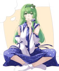 1girl absurdres bare_shoulders blank_speech_bubble blue_skirt blush_stickers breasts collared_shirt crossed_legs detached_sleeves facing_viewer frog_hair_ornament full_body green_eyes green_hair green_hairband gumi_(fwjn7284) hair_ornament hair_tubes hairband highres kochiya_sanae large_breasts long_hair long_sleeves midriff patterned_clothing print_skirt shirt simple_background single_hair_tube single_sidelock sitting skirt skirt_set sleeveless sleeveless_shirt snake_hair_ornament socks solo speech_bubble thinking thought_bubble touhou white_socks wide_sleeves yellow_background