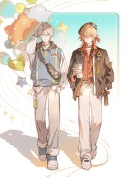 2boys absurdres alternate_costume antenna_hair balloon black_choker black_jacket blonde_hair blue_eyes blue_hoodie blush braid chinese_commentary choker collared_shirt commentary_request cup facial_tattoo gradient_hair grey_pants hair_between_eyes hand_in_pocket hand_on_own_head highres holding holding_cup honkai:_star_rail honkai_(series) hood hood_down hoodie iron_hailai jacket male_focus medium_hair multicolored_hair multiple_boys mydei_(honkai:_star_rail) open_clothes open_jacket pants phainon_(honkai:_star_rail) red_hair red_shirt red_tattoo shirt shoes short_hair side_braid sleeveless sleeveless_hoodie tattoo white_hair white_shirt yellow_eyes
