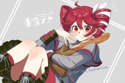 :i ahoge amau_totori ankle_socks bag baguette belt black_belt black_boots black_sleeve_cuffs blush boots bow bread closed_mouth double-parted_bangs drill_hair fingernails food food_on_face grey_background grey_skirt hair_between_eyes hair_bow hair_ribbon highres holding holding_bag jacket kasane_teto kasane_teto_(sv) lace-up_boots layered_skirt layered_sleeves long_sleeves looking_at_viewer midriff_peek paper_bag pink_nails pout red_eyes red_hair red_socks ribbon shoulder_belt simple_background skirt skirt_set sleeve_cuffs socks synthesizer_v twin_drills utau white_bow white_ribbon